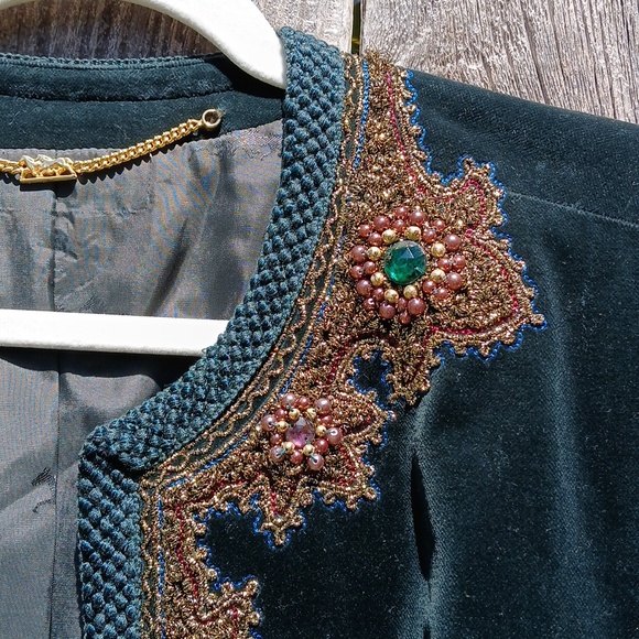 VTG Luxury Velvet Blazer Jacket Dark Forest Green Beaded Embroidered Exquisite M - Picture 8 of 15